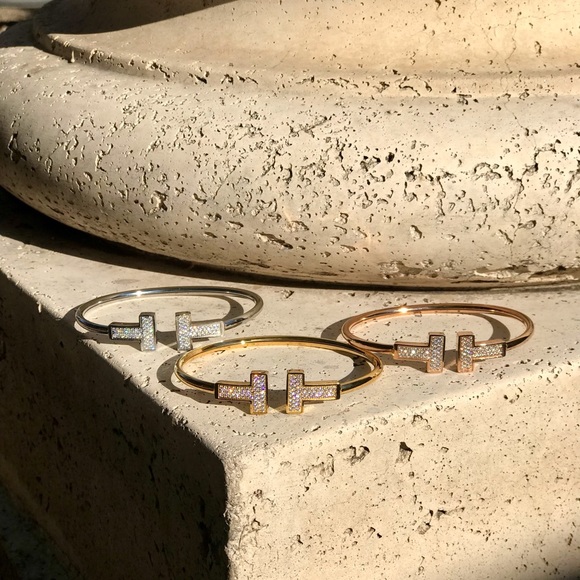 18K Gold Diamond T Bracelet T Bar Bracelet Silver Cuff T Bangle - Picture 3 of 4